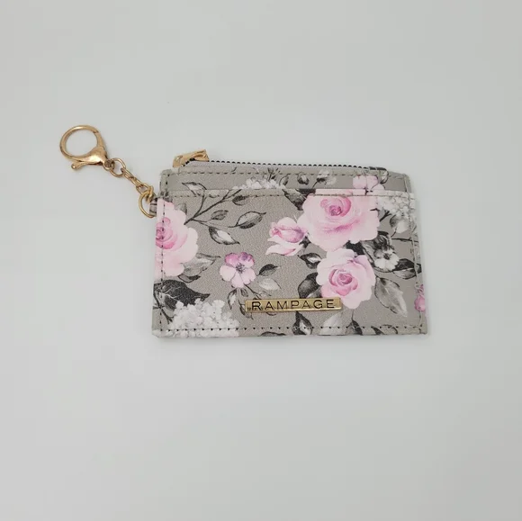 Rampage Floral Gray & Pink Card Holder Keychain ID Card Holder Zip Up Coin Purse - Picture 2 of 11